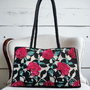 Floral Beaded Women's Bag - Black and Pink